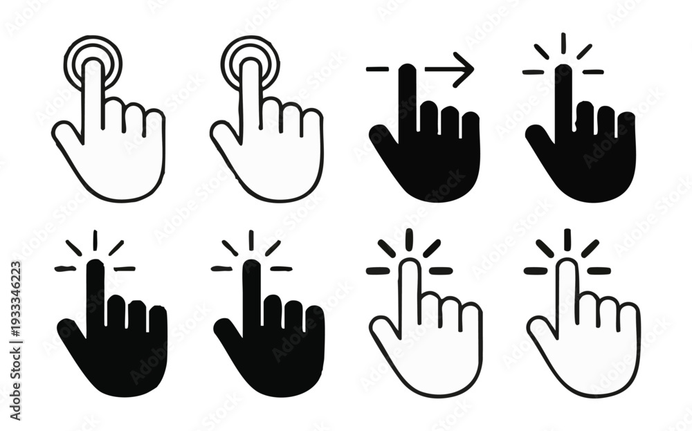 Fototapeta premium Hand cursor icon set click tap swipe drag vector isolated on white background gesture