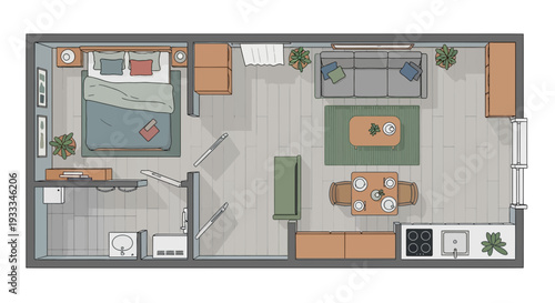 Architectural 2D Floor Plan of a Furnished Modern Studio Apartment.