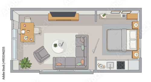 Architectural TopDown View of a Furnished Studio Apartment Floor Plan.