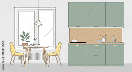 Architectural sketch of a modern kitchen interior with a dining area.