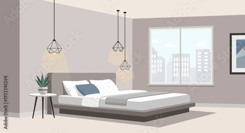 Contemporary minimalist bedroom interior with a cozy bed and stylish decor.