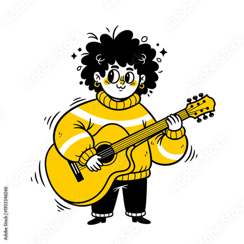Woman Playing Yellow Guitar with Curly Hair.
