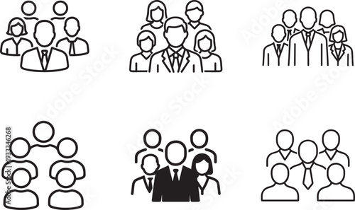 Employee team outline icon set. Five people group line signs editable stroke vector pictograms.