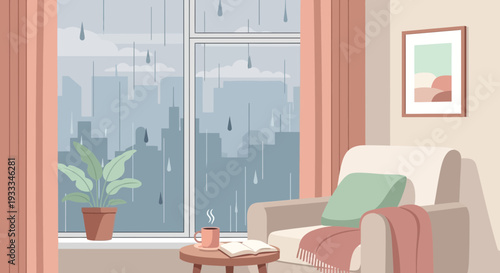 Cozy armchair with a book and warm drink by a rainy window.