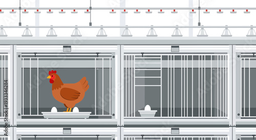 Chicken in a cage laying eggs on a farm.