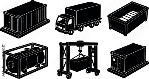 Flat design industrial container icons showing truck crane tank skip bin generator and storage containers in black white vector silhouette