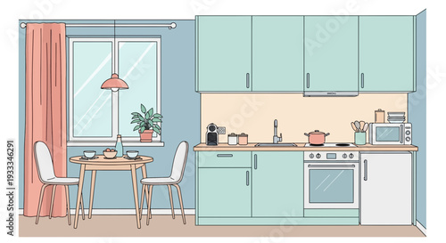 Cozy kitchen interior with mint green cabinets and dining area by the window.