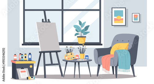 Cozy art studio interior with a blank canvas on an easel and painting supplies.