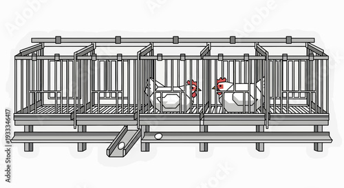 Detailed illustration of a multicompartment rabbit hutch with ramps.
