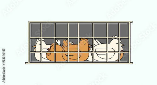 Cute cartoon chickens in a cage illustration.