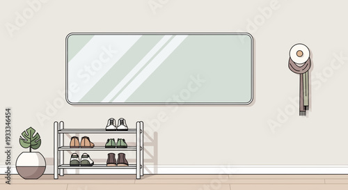 Minimalist hallway interior with a shoe rack wall mirror and potted plant.