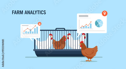 Farm Analytics Concept with Chickens and Data Charts.