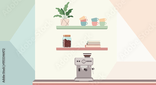 Minimalist illustration of a modern espresso machine and kitchen shelves.
