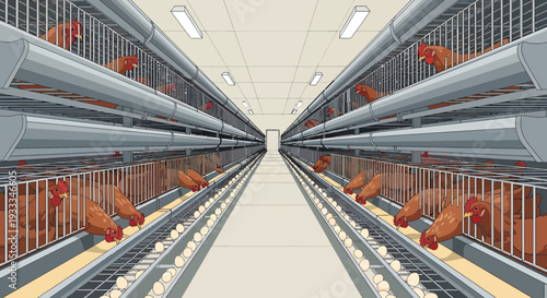 Intensive chicken farming in modern battery cages.