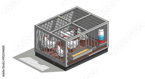 Isometric illustration of a bird cage with birds inside.