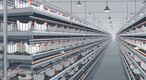 Intensive poultry farm with rows of cages holding chickens.