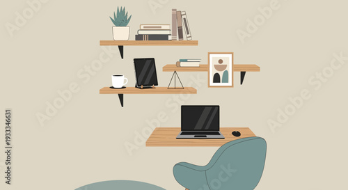 Modern minimalist home office interior with laptop and shelves.