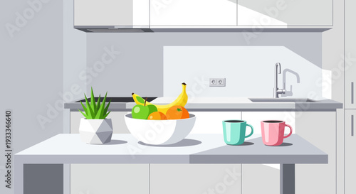 Still life with a bowl of fresh fruit and two mugs on a table.