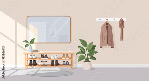 Stylish and cozy home entryway with wooden shoe rack mirror and plants.