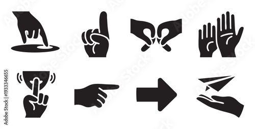 Collection of diverse hand gestures and actions icons for digital interface