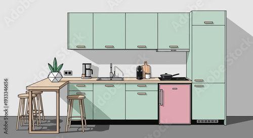Stylish modern kitchen interior with mint green cabinets and a pink refrigerator.