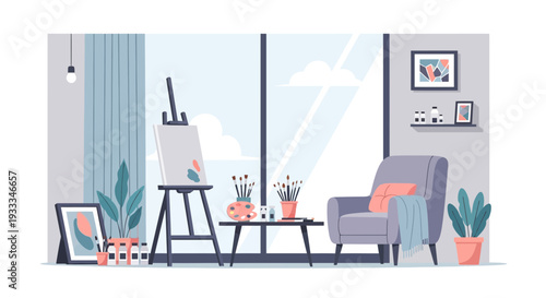 Stylish home art studio setup with painting equipment and furniture.