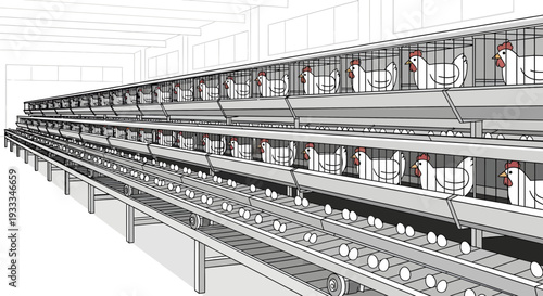Modern battery cage system for commercial egg production.