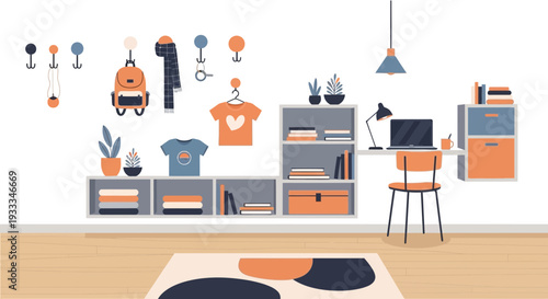 Stylish teenagers room interior with modern furniture and workspace.