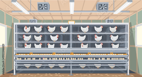 Modern chicken cages with rows of hens.