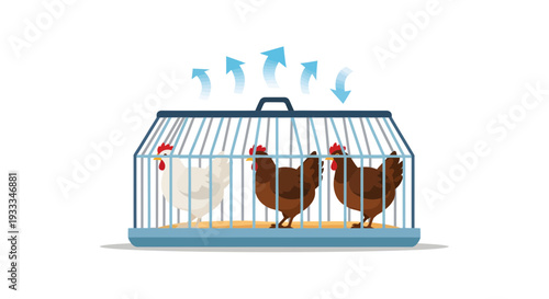 Three Chickens Confined Inside a Metal Cage with Arrows Above.
