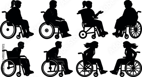 Silhouette flat design wheelchair users set eight side profiles various poses accessibility icons for inclusive design vector black illustration simple