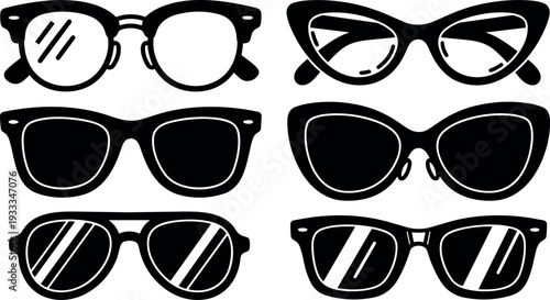 Flat design row of six black eyeglass icons different frames round cat eye wayfarer oversized aviator retro silhouette set vector