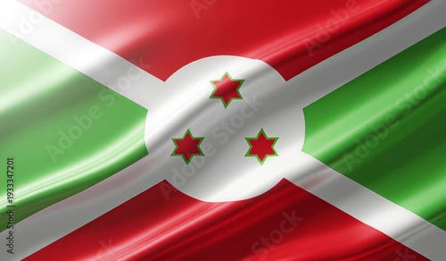 Waving flag of Burundi with red, green, and white colors and three red stars on a white circle.