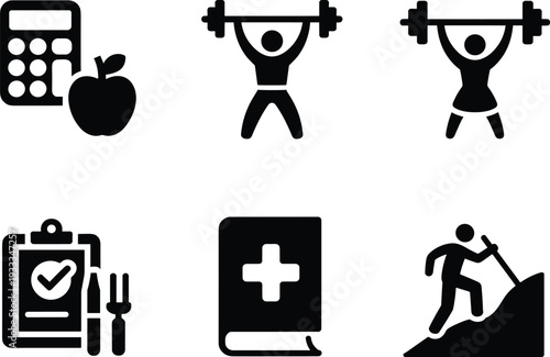 Health, fitness, nutrition, icon, set, calculator, apple, weightlifting, workout, meal, plan, checklist, medical, book, hiking, lifestyle, vector, silhouette, symbols, collection