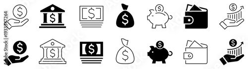 Finance icon line and flat style set. Bank. Loan. Cash. Piggy, Growth. Saving. Editable stroke. Vector illustration