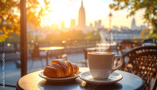 Breakfast Croissant and Hot Coffee with Scenic City Sunrise View