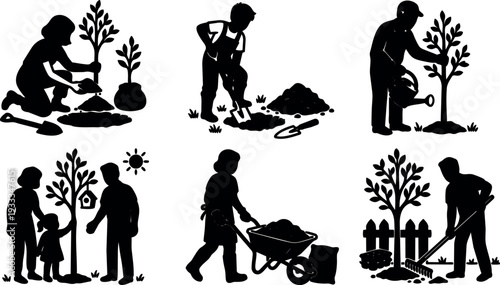 Silhouette vector close up planting scene family planting and watering young tree with shovel wheelbarrow and rake in garden sunny
