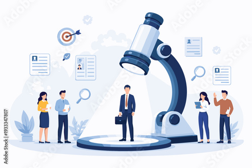 Recruitment Concept with a Businessman Under a Microscope for Detailed Screening and Evaluation. HR Professionals Reviewing Candidates for Job Vacancy. Flat Vector Illustration for Business.