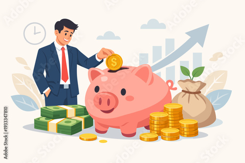 Businessman in Suit Putting Gold Coin into Pink Piggy Bank with Cash Stacks, Money Bag and Growth Chart, Concept of Financial Savings, Wealth Management, Investment Strategy, and Economic Success