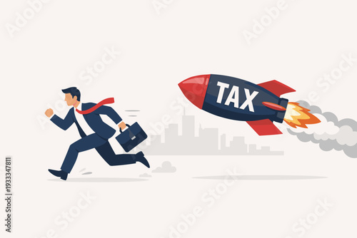 Businessman in Suit Running Away from a Fast Flying Rocket with Tax Text Label, Concept of High Tax Burden, Financial Pressure, Debt, and Economic Stress in Business, Flat Vector Illustration