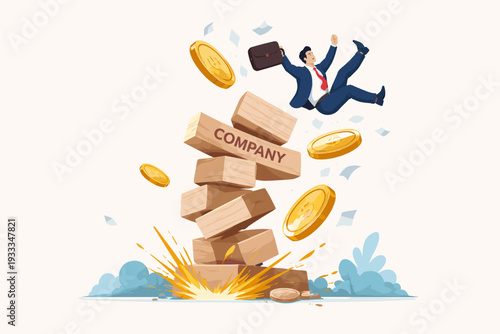 Businessman Falling from Collapsing Stack of Wooden Blocks with Company Text, Financial Crisis and Business Failure Concept, Investor Losing Money in Economic Downturn and Market Instability