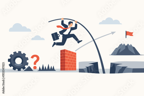 Businessman pole vaulting over obstacles like a brick wall and chasm to reach a mountain peak with a red flag, symbolizing overcoming challenges, problem solving, and achieving business success.