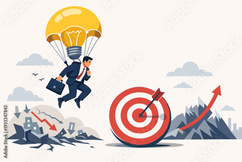 Businessman with Light Bulb Parachute Flying from Economic Crisis towards Target and Growth Mountain. Concept of Innovation, Creative Problem Solving, Business Strategy, Success and Resilience.