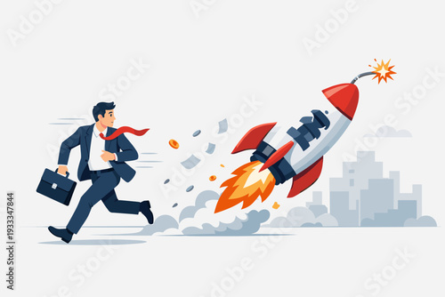 Businessman Running Away from Rocket Bomb with Currency Symbol Representing Financial Crisis, Tax Debt, Inflation, or Economic Risk Concept Vector Illustration in Flat Style with Cityscape