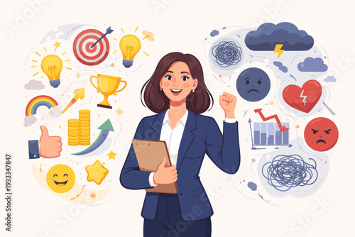 Confident Businesswoman with Positive and Negative Mindset Icons Representing Emotional Intelligence, Mental Health, Success, Stress Management, and Professional Growth in a Corporate Workplace