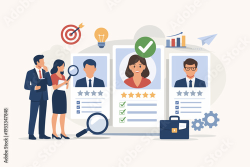 Choosing the Best Candidate for a Job Concept with Human Resources Professionals Reviewing Resumes and Selecting Top Talent for a Position, Flat Vector Illustration for Recruitment and Hiring.