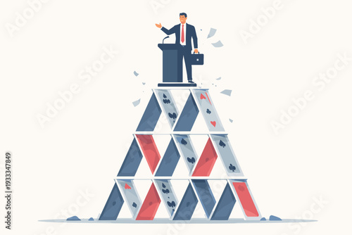 Businessman in a Suit Giving a Speech from a Podium on Top of a Fragile House of Cards, Representing Business Risk, Economic Instability, Precarious Foundation, and Financial Uncertainty.
