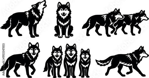 Vector silhouette wolf pack set showing howling sitting walking running trotting standing and group poses in bold black flat design