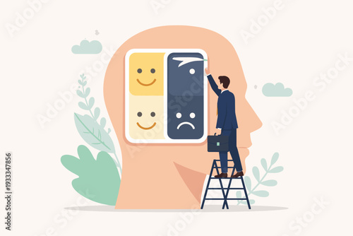 Businessman on a ladder managing emotions inside a giant human head, turning off negative feelings to focus on positivity, concept of emotional intelligence, mental health, and mood control.
