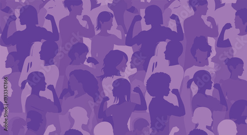 International Women's Day.  Purple silhouettes of people in a crowd with raised hands.
